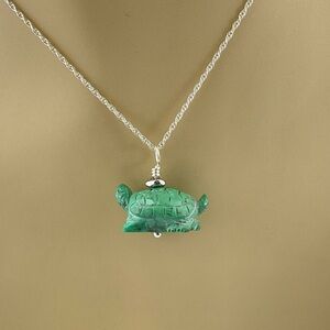Turquoise Turtle Pendant Necklace, Handmade, Sterling Silver Rope Chain